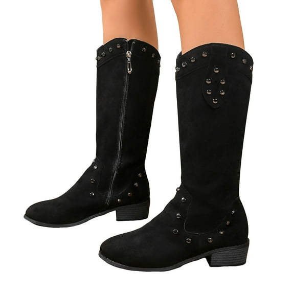 Rokment Women's Vintage Studded Wide Calf Cowboy Boots Retro Suede Pointed Toe Chunky Low Heel Western Cowgirl Riding Tall Dress Boots for Women Black Size 6