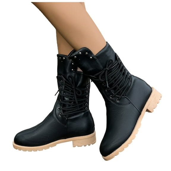 Rokment Women's Vintage Winter Mid Calf Combat Boots with Fleece Lined Warm Side Lace up Studded Leather Work Riding Short Booties