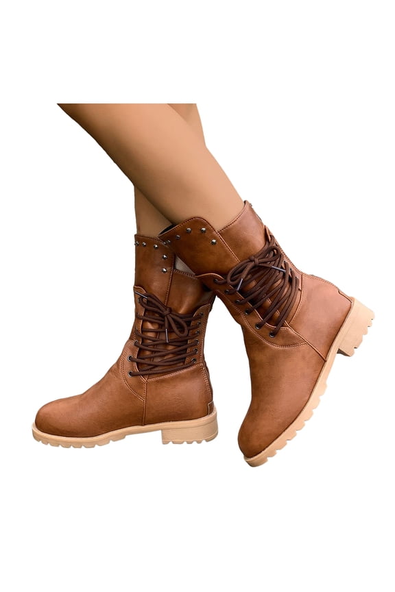 Women's Vintage Winter Mid Calf Combat Boots with Fleece Lined Warm Side Lace up Studded Leather Work Riding Short Booties