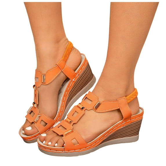 Rokment Women's Wedge Dressy Sandals Stylish Casual Leather Metal Buckles Platform Chunky High Heels Elastic Ankle Strap Slingback Dress Summer Shoes Orange Size 6.5