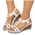 thumbnail image 1 of Rokment Women's Wedge Dressy Sandals Stylish Casual Leather Metal Buckles Platform Chunky High Heels Elastic Ankle Strap Slingback Dress Summer Shoes White Size 9, 1 of 7