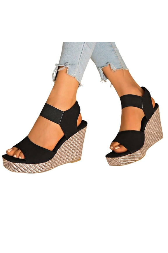 Women's Wedge Dressy Sandals Stylish Casual Suede Open Square Toe Elastic Ankle Strap Slip on Chunky High Heels Summer Dress Shoes for Ladies Black Size 9