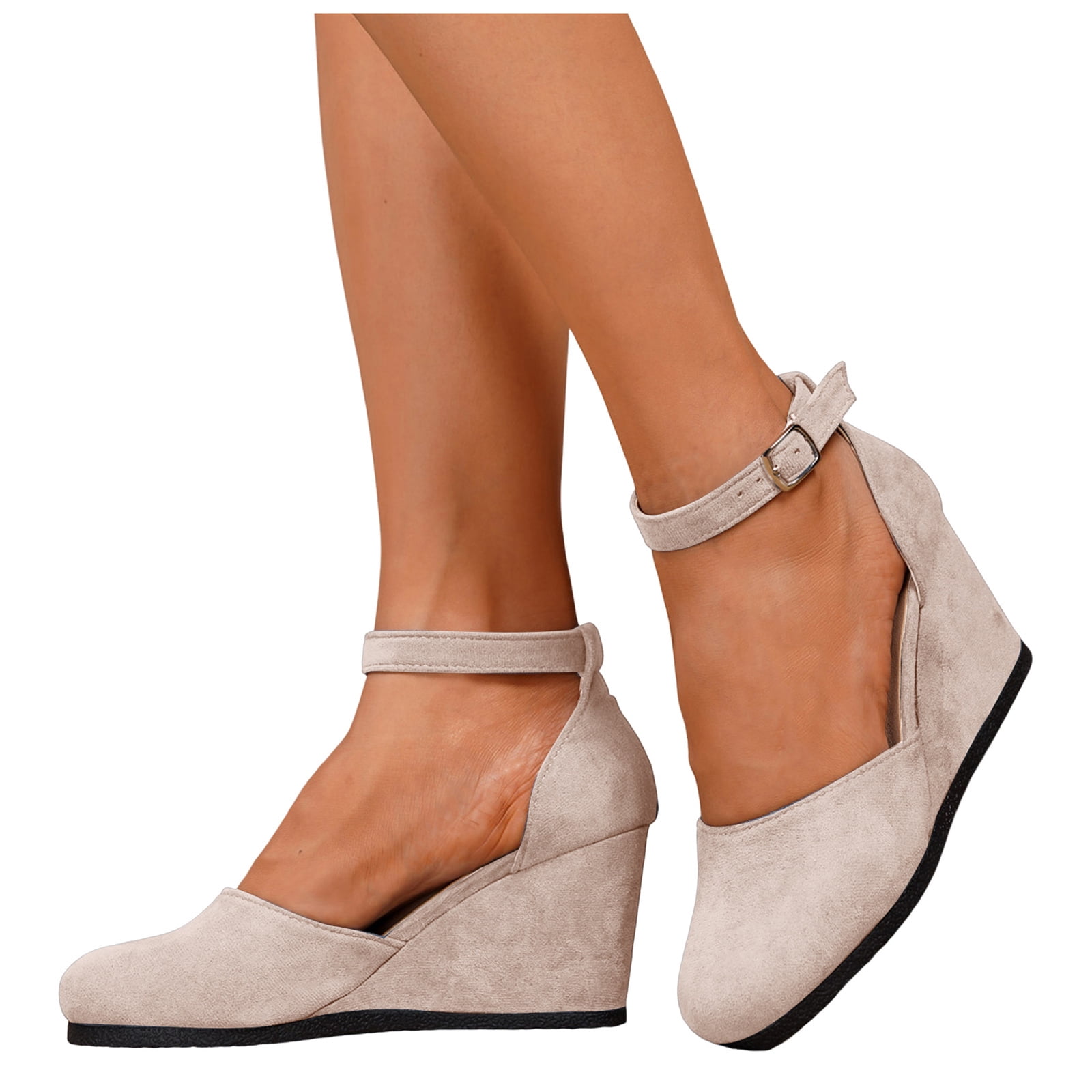 formal wedge dress shoes Rokment Women's High Heels Stylish Casual Suede Pointed Toe Ankle Strap Business Office Closed Toe Dressy Sandals Beige Size black closed wedge shoes