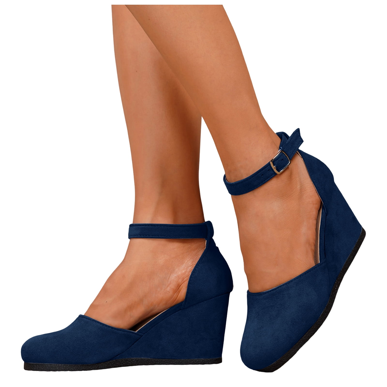 Rokment Women's Wedge High Heels Dress Shoes Stylish Casual Suede Pointed Toe Ankle Strap Business Office Formal Closed Toe Dressy Sandals Blue Size 7