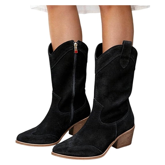Rokment Women's Wide Calf Cowboy Boots Slouchy Solid Pointed Toe Chunky Block Heels Wide-Calf Western Cowgirl Riding Dress Boots Fall Winter