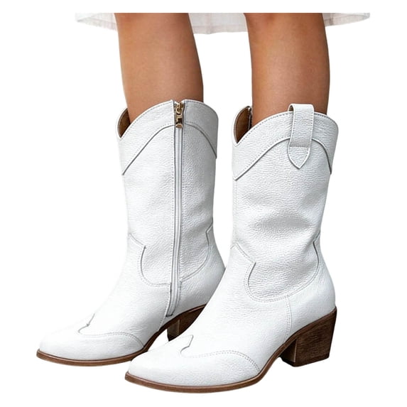 Rokment Women's Wide Calf Cowboy Boots Slouchy Solid Pointed Toe Chunky Block Heels Wide-Calf Western Cowgirl Riding Dress Boots Fall Winter