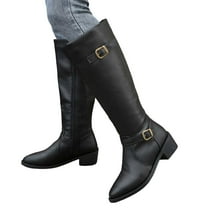 Rokment Women's Wide Calf Knee High Motorcycle Riding Boots with Side Zipper Vintage Buckles Leather Pointed Toe Mid Calf Long Tall Dress Boots Black Size 6.5