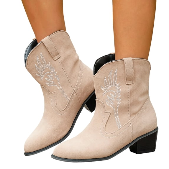 Rokment Women's Wide Mid Calf Cowboy Boots Floral Embroideried Suede Low Stacked Heel Slip on Boho Casual Western Cowgirl Booties for Country Concert Fall Winter