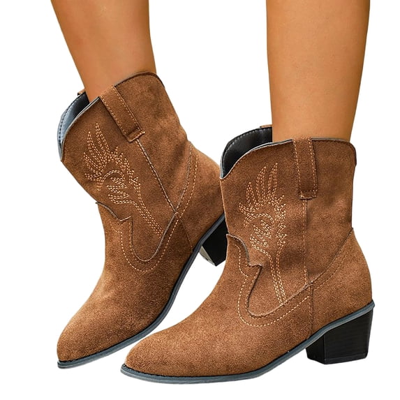 Rokment Women's Wide Mid Calf Cowboy Boots Floral Embroideried Suede Low Stacked Heel Slip on Boho Casual Western Cowgirl Booties for Country Concert Fall Winter