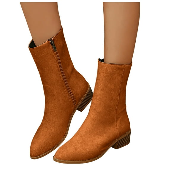 Rokment Women's Winter Fall Mid Calf Dress Boots 2025 Ladies Suede Pointed Toe Chunky Low Heel Short Ankle Booties