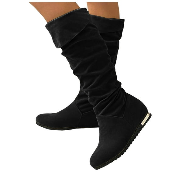 Rokment Women's Winter Fall Slouchy Hidden Wedges Knee High Boots Fashion Suede Fold over Mid Calf Dress Tall Boots