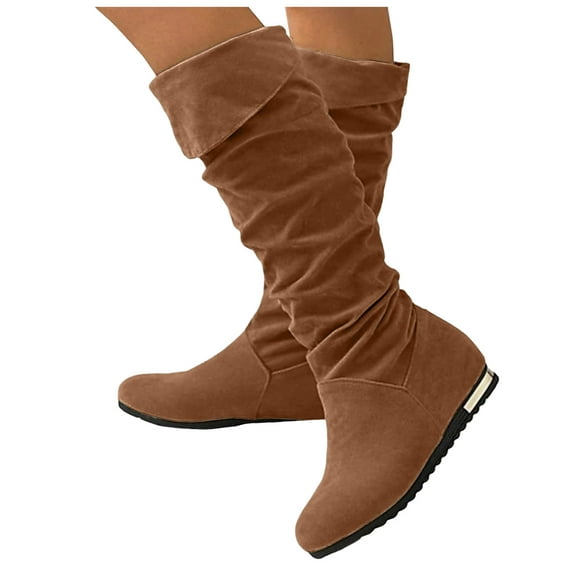 Rokment Women's Winter Fall Slouchy Hidden Wedges Knee High Boots Fashion Suede Fold over Mid Calf Dress Tall Boots