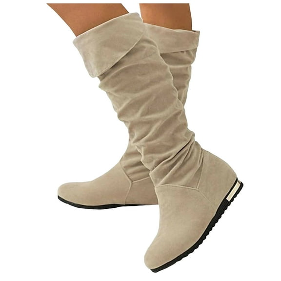Rokment Women's Winter Fall Slouchy Hidden Wedges Knee High Boots Fashion Suede Fold over Mid Calf Dress Tall Boots