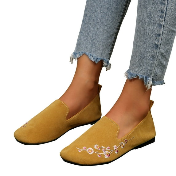 Rokment Women's Winter Floral Embroidered Mary Jane Ballet Flats Retro Vintage Wide Width Slip on Low Heels Walking Loafers Dress Shoes for Travel 2026 Spring Fall Yellow Size 9