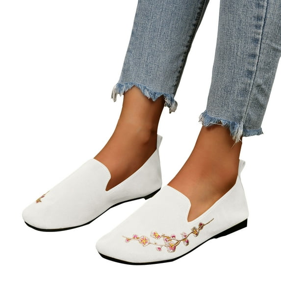 Rokment Women's Winter Floral Embroidered Mary Jane Ballet Flats Retro Vintage Wide Width Slip on Low Heels Walking Loafers Dress Shoes for Travel 2026 Spring Fall White Size 6.5