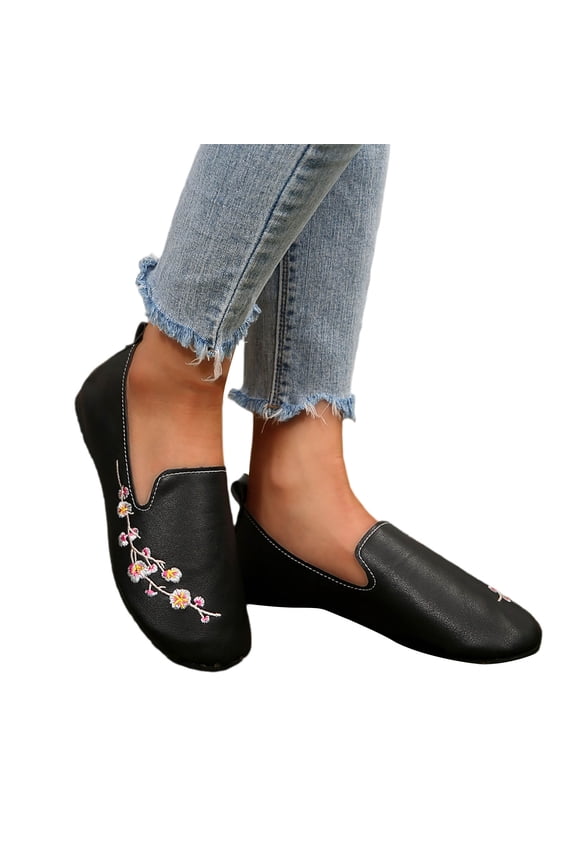 Women's Winter Floral Embroidered Mary Jane Ballet Flats Retro Vintage Wide Width Slip on Low Heels Walking Loafers Dress Shoes for Travel 2026 Spring Fall Black Size 6