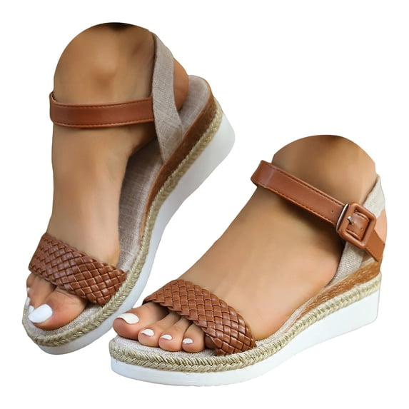Rokment Women's Woven Braided Leather Wedge Dressy Sandals Beach Trendy Casual Open Toe Espadrilles Platform Chunky High Heels Comfortable Ankle Strap Walking Summer Shoes for Woman Brown Size 7