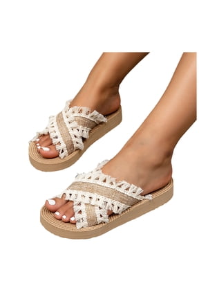 Women's Woven Fringe Platform Flat Backless Dress Sandals Bohemian Beach Yoga Mat Cushioned Comfortable Walking Slip on Slides Summer Shoes For Vacation Khaki Size 6