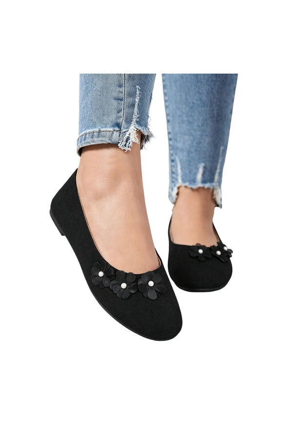 Womens 3D Flower Ballet Flat Dress Shoes Stylish Casual Round Toe No Heels Comfortable Walking Slip on Loafers for Business Office Black Size 9