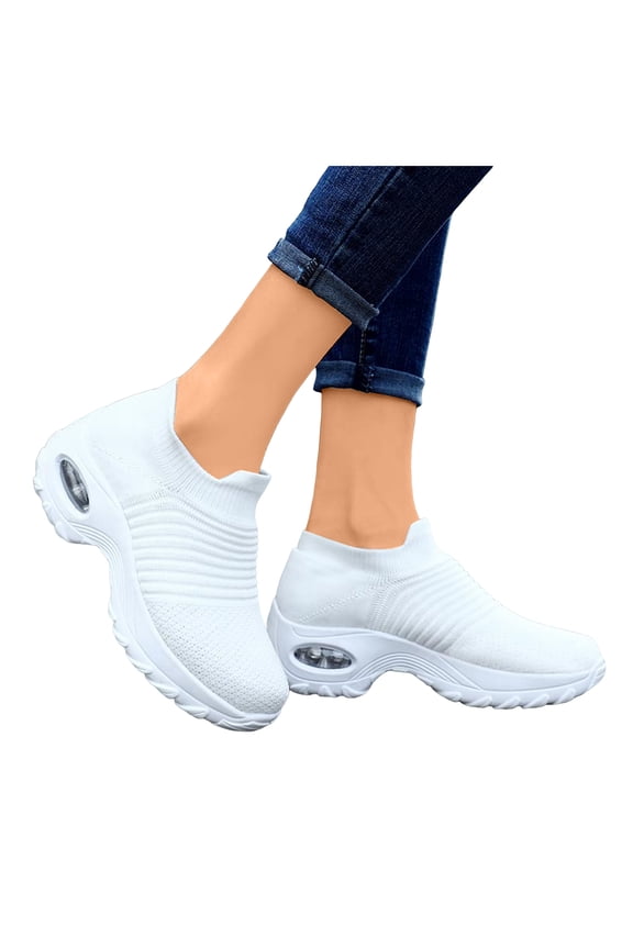 Womens Air Cushion Orthopedic Walking Shoes with Arch Support Comfortable Knit Slip on Socks Nursing Work Sneakers for Plantar Fasciitis White Size 9