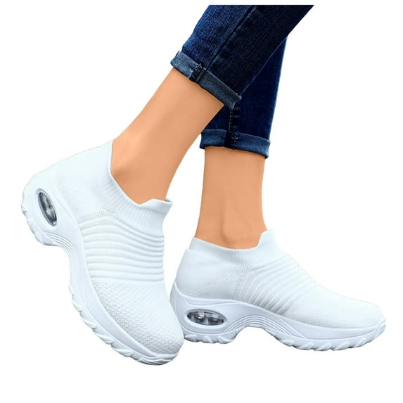 Rokment Womens Air Cushion Orthopedic Walking Shoes with Arch Support Comfortable Knit Slip on Socks Nursing Work Sneakers for Plantar Fasciitis White Size 6