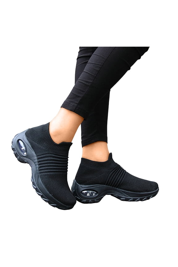 Womens Air Cushion Orthopedic Walking Shoes with Arch Support Comfortable Knit Slip on Socks Nursing Work Sneakers for Plantar Fasciitis Black Size 9