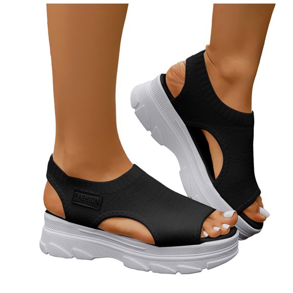 Rokment Womens Athletic Platform Wedge Walking Sandals Comfortable Stretchy Knit Peep Toe Chunky Heels Slip on Tennis Workout Nursing Driving Summer Shoes Height Increasing Sneakers Black Size 6.5