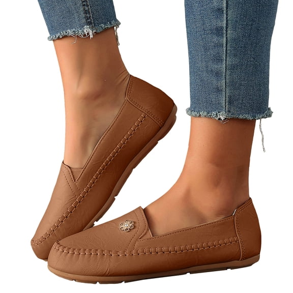 Rokment Womens Ballet Flat Dress Shoes Fashion Casual Soft Leather Slip on Walking Loafers Business Work Dressy Oxfords for Ladies Brown Size 6