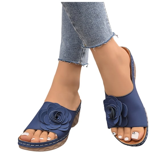 Rokment Womens Beach Flower Orthopedic Platform Wedge Dress Slides Sandals Boho Fashion Casual Leather Peep Toe Slip on Chunky High Heels Walking Slippers Summer Navy Size 7