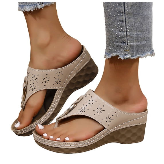 Rokment Womens Beach Orthopedic Wedges Flip Flops Dress Slides Sandals Summer Fashionable Casual Comfortable Leather Thong Arch Support Platform Chunky Slip on High Heels Beige Size 6.5