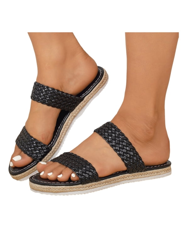 Womens Beach Platform Flat Slip on Dress Sandals 2026 Summer Vacation Boho Braided Leather Open Toe Casual Slides Black Size 7