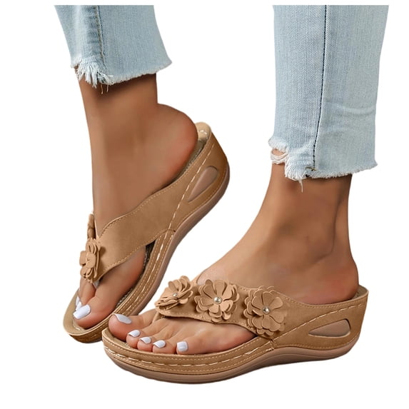 Rokment Womens Bling Rhinestones Flower Orthopedic Flip Flops Boho Beach Summer Leather Platform Wedge Arch Support Dress Slip on Sandals Comfortable Walking Slides Thong Slippers Brown Size 7.5