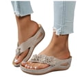 thumbnail image 1 of Rokment Womens Bling Rhinestones Flower Orthopedic Flip Flops Boho Beach Summer Leather Platform Wedge Arch Support Dress Slip on Sandals Comfortable Walking Slides Thong Slippers Beige Size 6.5, 1 of 6