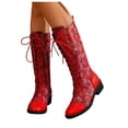 thumbnail image 1 of Rokment Womens Bling Sequin Patchwork Knee High Combat Boots Retro Leather Pointed Toe Chunky Low Heels Mid Calf Riding Dress Long Booties, 1 of 8
