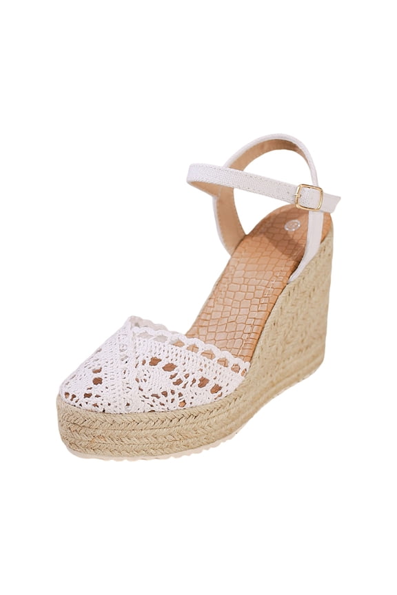 Womens Bohemian Crochet Espadrilles Wedges Sandals Boho Beach Fashion Casual Woven Braided Closed Toe Platform Chunky High Heel Dress Sandals for Bride Wedding Summer Vacation White Size6