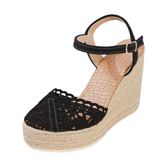 Rokment Womens Bohemian Crochet Espadrilles Wedges Sandals Boho Beach Fashion Casual Woven Braided Closed Toe Platform Chunky High Heel Dress Sandals for Bride Wedding Summer Vacation Black Size6