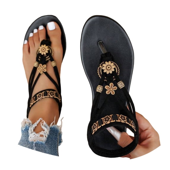 Rokment Womens Bohemian Flip Flops Dress Flat Thong Sandals Ethnic Beach Summer Flower Comfortable Low Heel Slingback Walking Shoes for Vacation Black Size 6
