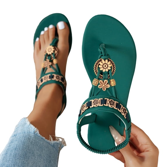 Rokment Womens Bohemian Flip Flops Dress Flat Thong Sandals Ethnic Beach Summer Flower Comfortable Low Heel Slingback Walking Shoes for Vacation Blue Size 9