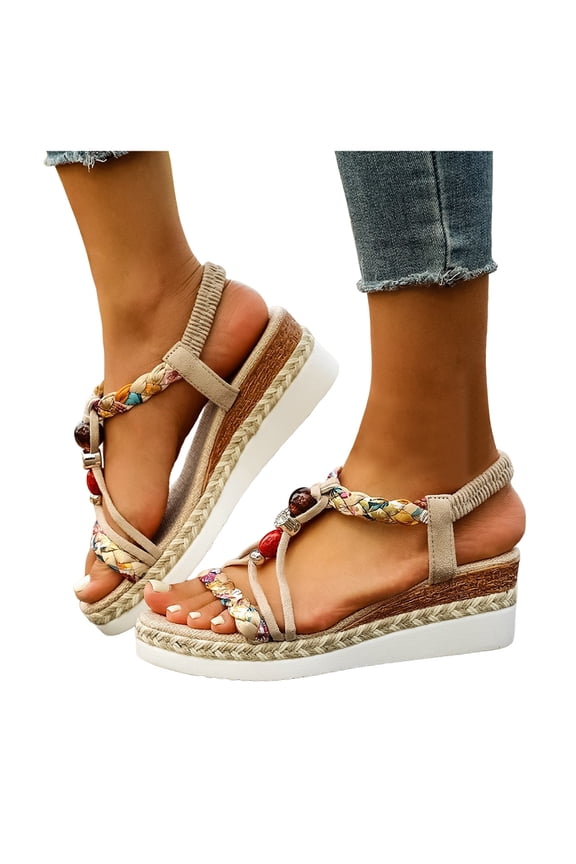 Womens Bohemian Wedges Dress Sandals Beach Vacation Summer Ethnic Braided Ankle Strap High Heels Platform Sandals for Woman Beige Size 6.5