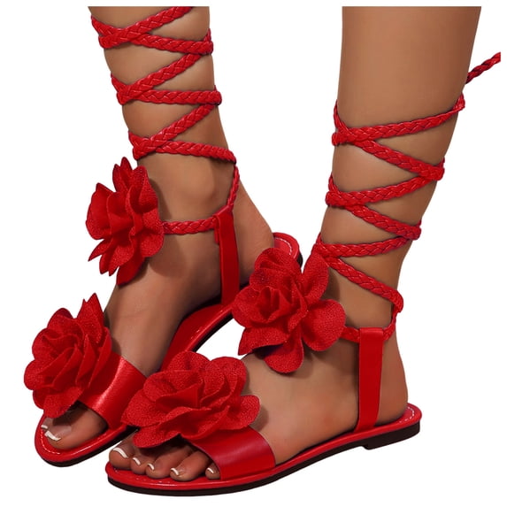 Rokment Womens Boho Beach Flower Strappy Dress Sandals Ethnic Bohemian Bride Wedding Leather Floral Braided Open Toe Flat Slip on Slides Shoes Summer Red Size 7