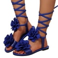 thumbnail image 1 of Rokment Womens Boho Beach Flower Strappy Dress Sandals Ethnic Bohemian Bride Wedding Leather Floral Braided Open Toe Flat Slip on Slides Shoes Summer Blue Size 5.5, 1 of 7