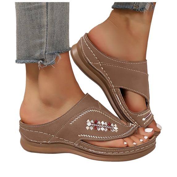 Rokment Womens Boho Embroidered Orthopedic Wedges Dress Flip Flops with Arch Support 2026 Beach Summer Comfortable Leather Platform Thong Walking Slides Brown Size 9.5