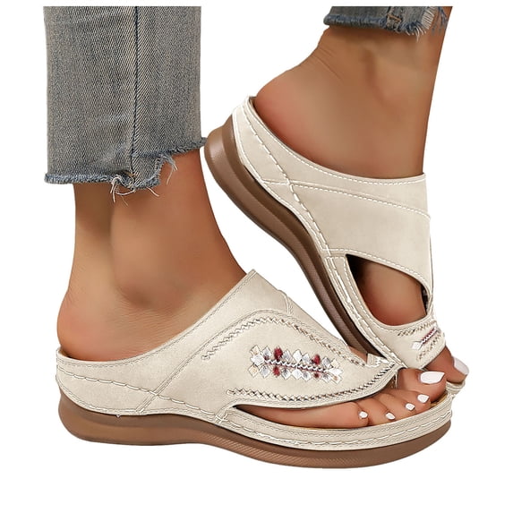 Rokment Womens Boho Embroidered Orthopedic Wedges Dress Flip Flops with Arch Support 2026 Beach Summer Comfortable Leather Platform Thong Walking Slides White Size 8.5