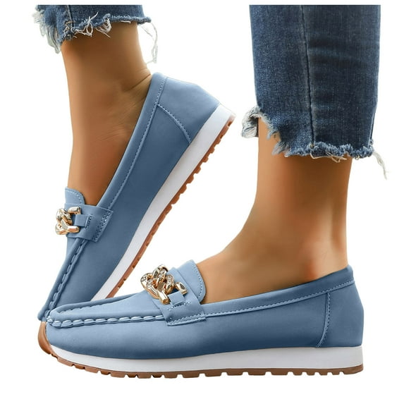 Rokment Womens Bow Ballet Flat Dress Shoes for Bride Wedding Trendy Casual Lined Bowknot Low Heel Slip on Walking Penny Loafers Blue Size 7.5