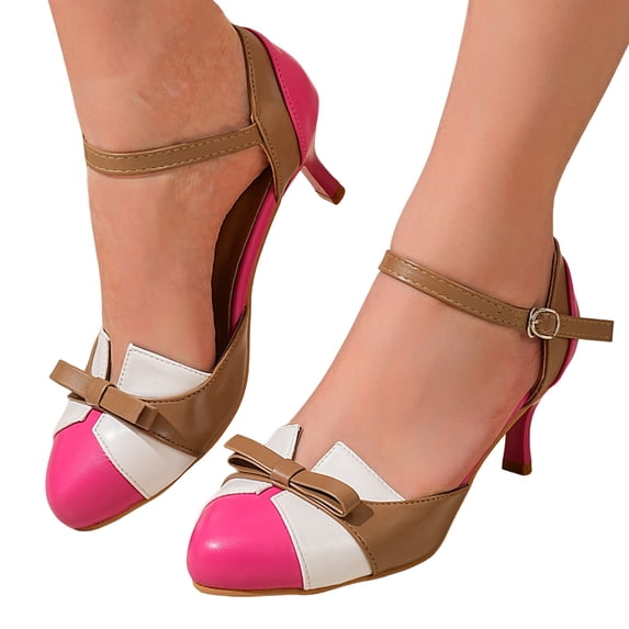 Rokment Womens Bow Color Block Stiletto Dress Shoes Vintage Stylish Casual Leather Pointed Toe Ankle Strap Kitten Heels Dressy Pumps for Ladies Pink Size 8.5