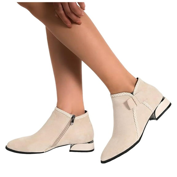 Rokment Womens Bow Dress Boots Fall Winter Fashion Casual Bowknot Suede Pointed Toe Low Heel Dressy Short Ankle Booties for Ladies Bride Wedding Business Work White Size 9.5