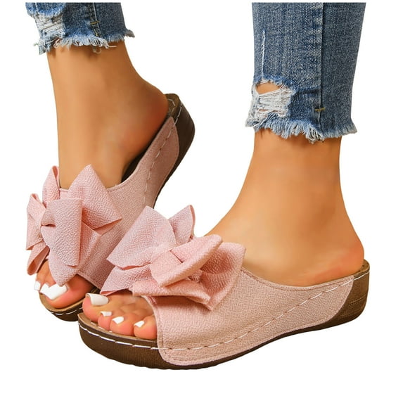 Rokment Womens Bow Orthopedic Platform Wedge Dress Slides Sandals 2026 Beach Summer Boho Bridal Leather Bowknot Open Toe Arch Support Casual Walking Backless Slippers Pink Size 8.5