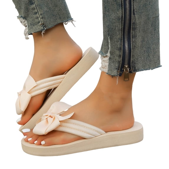 Rokment Womens Bow Platform Wedge Dress Flip Flops with Arch Support Yoga Mat Comfortable Summer Beach Orthopedic Walking Thong Cushion Slip on Sandals Indoor Outdoor White Size 8.5