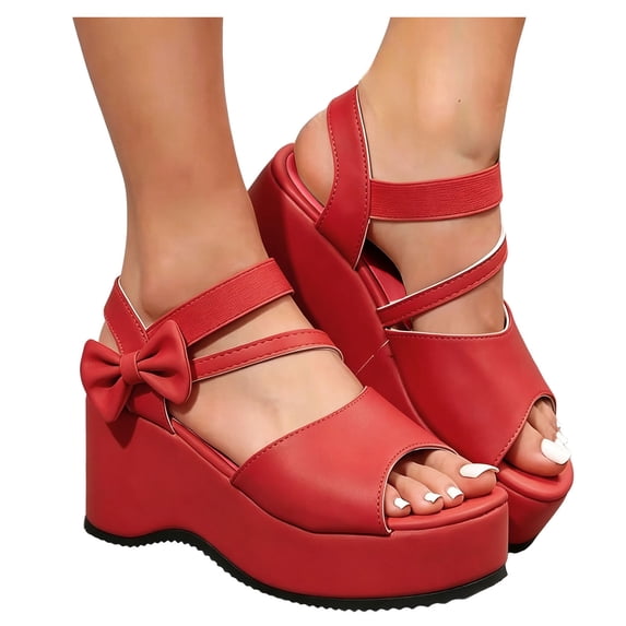 Rokment Womens Bow Platform Wedge Dressy Sandals Fashion Casual Leather Open Toe Ankle Strap Chunky Heeled Dress Summer Shoes for Bride Wedding Business Red Size 7