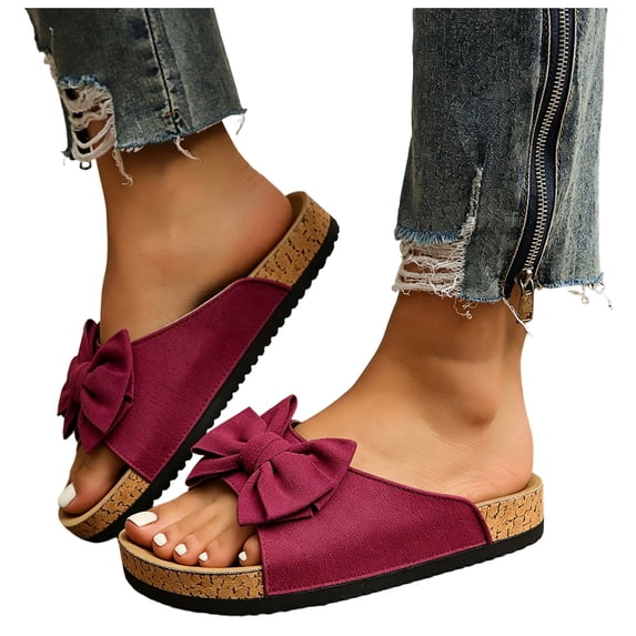 Rokment Womens Bowknot Cork Footbed Slip on Slides Sandals Beach Casual Suede Open Toe Platform Dress Slippers Comfortable Wide Width Walking Flat Summer Red Size 9.5
